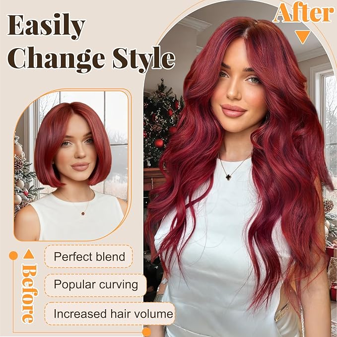 ALXNAN Clip in Long Wavy Synthetic Hair Extension 24 Inch Red 4PCS Thick Hairpieces Fiber Double Weft Hair for Women