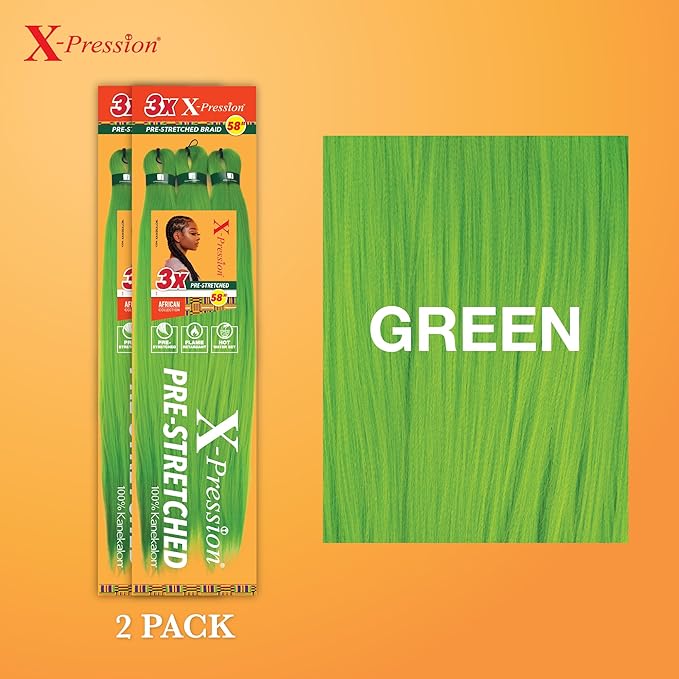 Sensationnel X-pression prestretched braiding hair - 3x braid 58 inch all kanekalon flame retardant synthetic braid for box braids and twists (2 pack, GREEN)