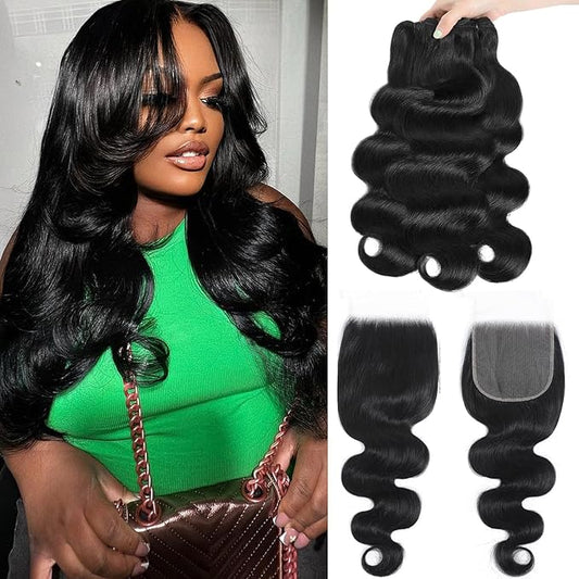 12A Human Hair Bundles with Closure 16 18 20 + 14 Inch Brazilian Body Wave Bundles Human Hair with 5x5 HD Lace Closure 100% Unprocessed Virgin