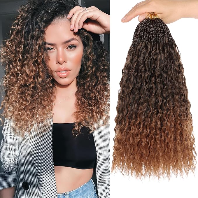 Xtrend 8 Packs Ombre Brown Brazilian Braids Curly Crochet Hair 14 Inch Pre Looped Micro Curly Crochet Hair Extensions Water Wave Synthetic Deep Wave Crochet Hair For Black Women(30Strands/Pack，T30#)