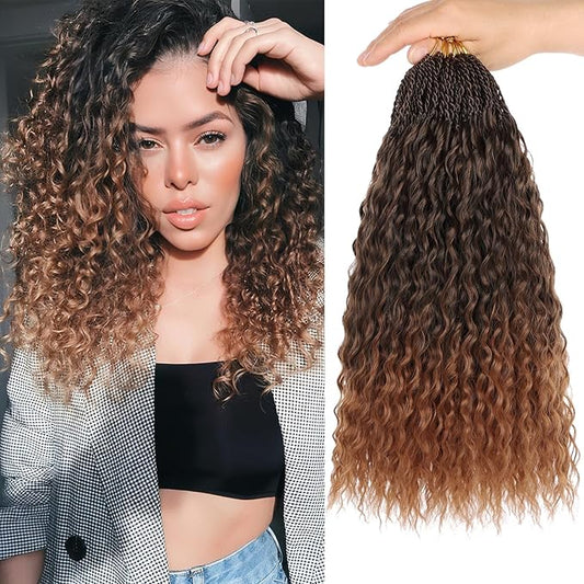 Xtrend 8 Packs Ombre Brown Brazilian Braids Curly Crochet Hair 14 Inch Pre Looped Micro Curly Crochet Hair Extensions Water Wave Synthetic Deep Wave Crochet Hair For Black Women(30Strands/Pack，T30#)