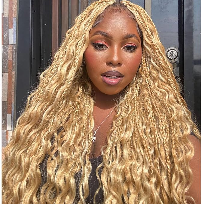 24 Inch Goddess Box Braids Crochet Hair 7 Packs Boho Braids Pre Looped Crochet Braids With Curly Ends Synthetic Bohemian Crochet Braiding Hair for Women, P27/613