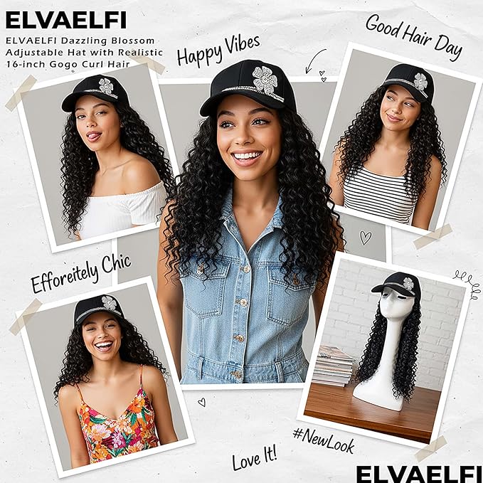 Hat Wig 16-Inch Gogo Curl Crochet Hair Extensions, Black Deep Wave Afro Curly Wigs for Black Women