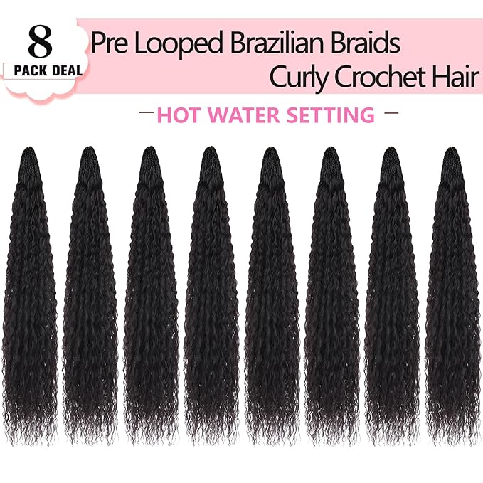 Xtrend Pre Looped Micro Curly Crochet Hair 18 Inch 8 Packs Brazilian Afro Kinky Crochet Hair Black Braiding Hair Extensions Deep Wave Synthetic Mini Senegalese Twist Hair For Boho (30Strands/Pack，1B#)