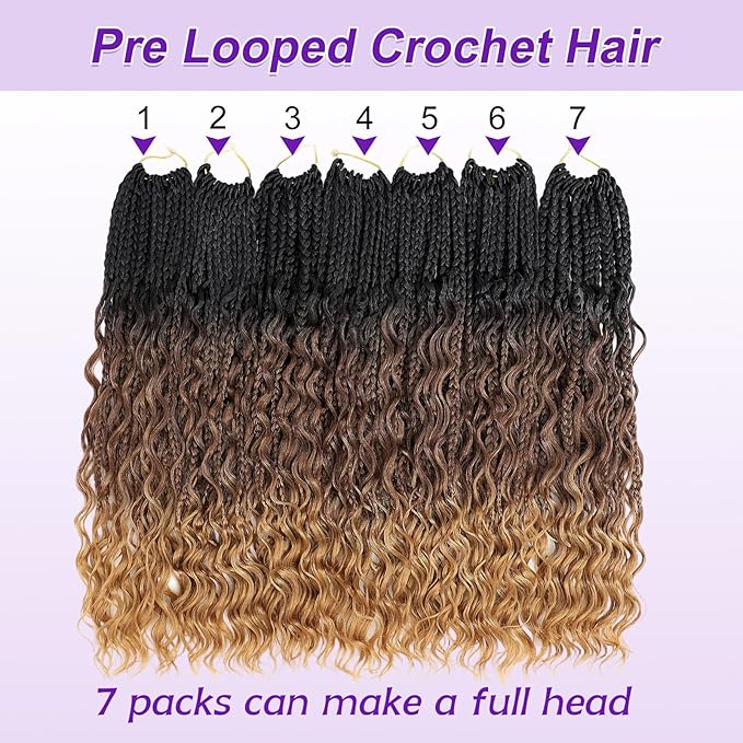 Eacia Goddess Box Braids Crochet Hair 18 Inch 7 Packs Pre Looped Ombre Crochet Hair with Curly Ends Boho Box Braids for Women(18 Inch, T1B/30/27#)