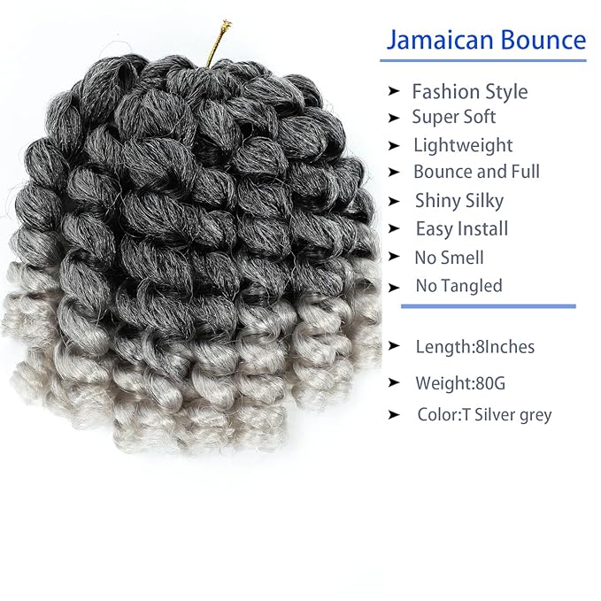 5 Packs 2X Ringlet Wand Curl Jamaican Bounce 8 inch Synthetic Crochet Hair Extensions Silver Grey Ombre Crochet Braiding Hair 20 Roots (8Inch (Pack of 5), TSilver grey)