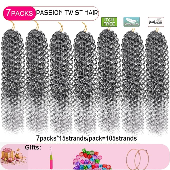 Grey Passion Twist Hair 14 Inch, 7 Packs Water Wave Crochet Hair Wrap Braiding Hair For Passion Twist Crochet Hair/Butterfly Locs/Spring Twist Crochet Braids Hair Extension(14in, T1B/Grey)