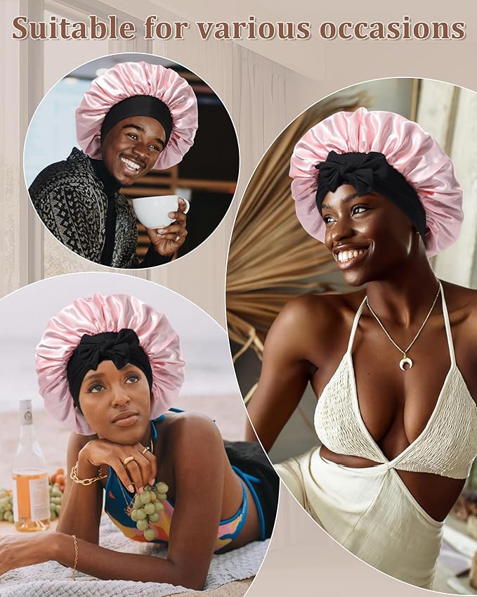 Reversible Satin Bonnet for Sleeping Women Double Layer Hair Bonnet with 2PCS Hair Scrunchies Elastic Tie Band Night Cap