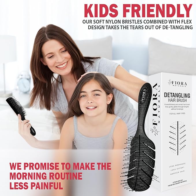 Detangler Brush by Fiora Naturals - 100% Bio-Friendly Detangling brush w/Ultra-Soft Bristles - Glide Through Tangles with Ease - For Curly, Fine, Black Natural, Women, Men, Kids - Dry and Wet Hair