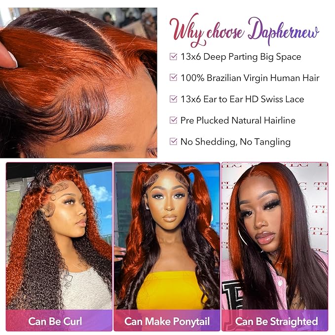 200% Density 13X6 Ginger Lace Front Wigs Human Hair Pre Plucked for Women Ombre 13X6 HD Transparent Ginger Orange Lace Front Wigs Human Hairs Glueless Ginger Colored Wigs Human Hair (24Inch)