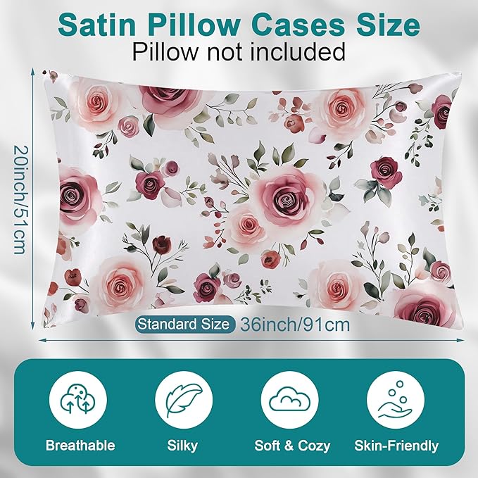 Satin Pillowcase Rose Flowers and Leaves Similar to Silk Pillow Cases for Hair and Skin, 1 Pack Soft Smooth Breathable Cool Pillow Cases, King Size with Hidden Zipper 20" x 36"