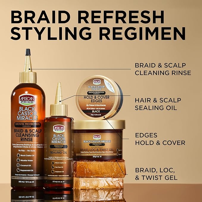 African Pride Black Castor Miracle Extra Hold Braid, Loc, Twist Gel (3 Pack) - Braiding Hair Gel, Edge Control & Tames Frizz, No Flake | Natural Ingredients, Black Castor & Coconut Oil | 12oz