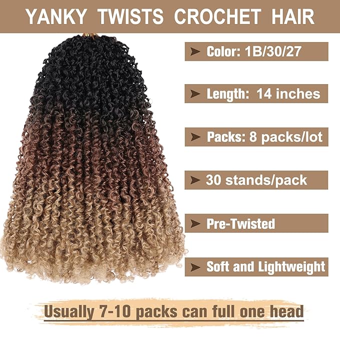 COOKOO 14 Inch Pre-twisted Yanky Twist Crochet Hair with Curly Ends 8 Packs Fluffy Passion Twist Synthetic Braids Pre-looped Senegalese Twist Hair Goddess Crochet Twist Hair for Women 1B/30/27#