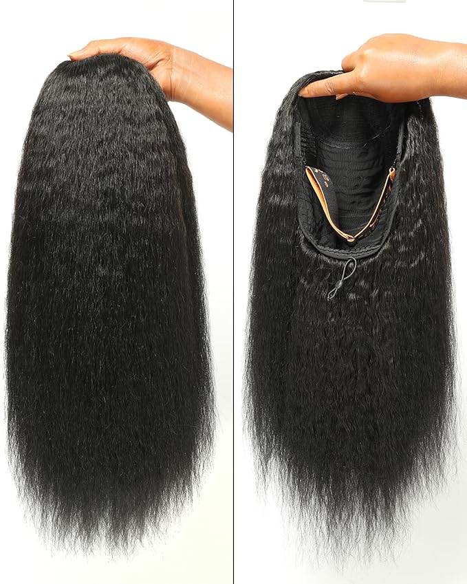 BEEOS Kinky Straight Half Wig, 100% Remy Human Hair No Glue Drawstring Half Wigs for Women 180% Density, Undetectable Track No Smell 22 Inch