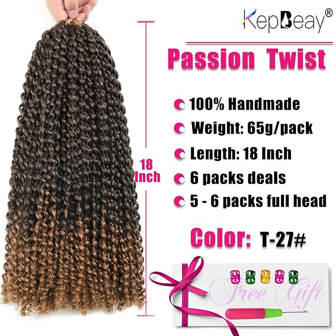 Passion Twist Hair 18Inch Water Wave Crochet Hair 6Packs Passion Twist Crochet Hair Black Mixed Blonde Color Synthetic Hair Extensions for Women and Girls(18Inch,6Packs T27#）