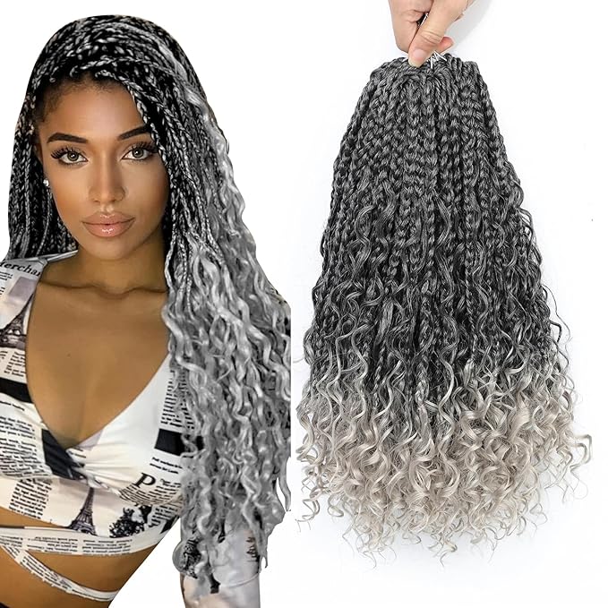8 Packs Crochet Box Braids- Boho Box Braids Crochet Braids Hair Bohomian Box Braid Crochet Hair Synthetic Braiding Hair 14 Inch Goddess Box Braids Crochet Hair for Black Women (1B/Silver)