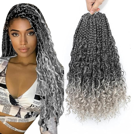 8 Packs Crochet Box Braids- Boho Box Braids Crochet Braids Hair Bohomian Box Braid Crochet Hair Synthetic Braiding Hair 14 Inch Goddess Box Braids Crochet Hair for Black Women (1B/Silver)