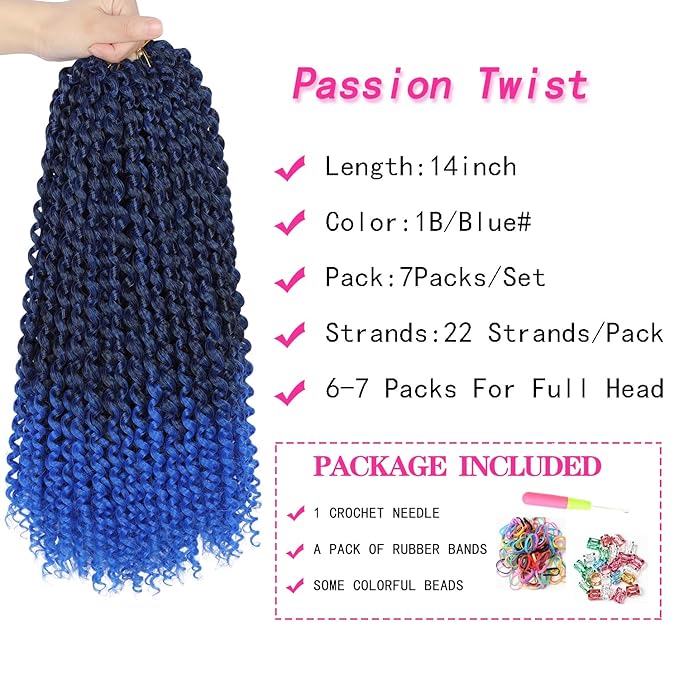 14 Inch Ombre Blue Passion Twist Hair, Water Wave Crochet Hair For Women Passion Twist Crochet Hair 22 Strands/Pack Bohemian Synthetic Curly Braiding Hair Extensions (14 Inch (Pack of 7),1B/Blue)
