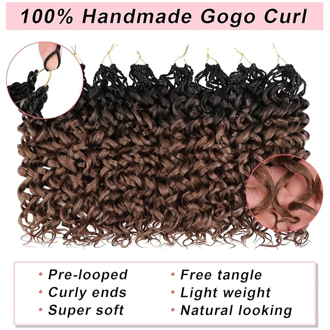 10 Inch Gogo Curl Crochet Hair 8 Packs Natural Black Ocean Wave Crochet Hair Deep Twist Pre-looped Goddess Box Braids Short Curly Water Wave Synthetic Braiding Hair for Women (16Strands/pack RS30#)
