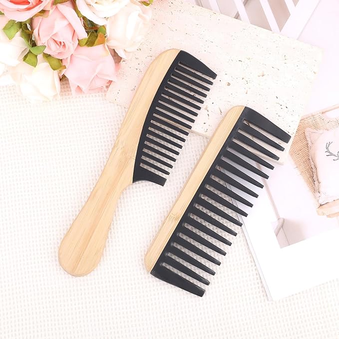 2pcs Wooden Wide Tooth Comb, Anti-Static Large Bamboo Gentle Detangling Hair Comb with Big Bakelite Teeth Detangler Brush for Women Curly Wavy Hair Stylist Essentials Products Care Tools