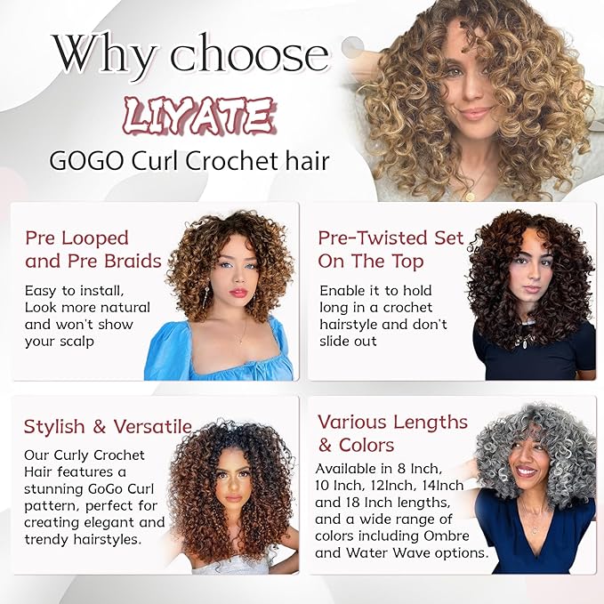 7 Packs Gogo Curl Crochet Hair for Women 8 Inch Pre-Twisted Curly Crochet Hair Deep Ocean Beach Curl Crochet Braids Synthetic Braiding Hair Extensions (8 Inch, P1B/30)