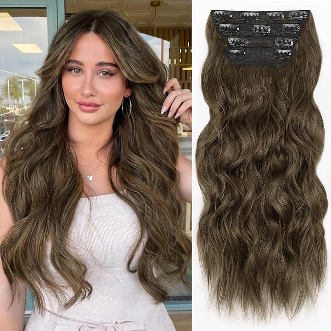 ALXNAN Clip in Long Wavy Synthetic Hair Extension 20 Inch Light Chestnut Brown 4PCS Thick Hairpieces Fiber Double Weft Hair for Women