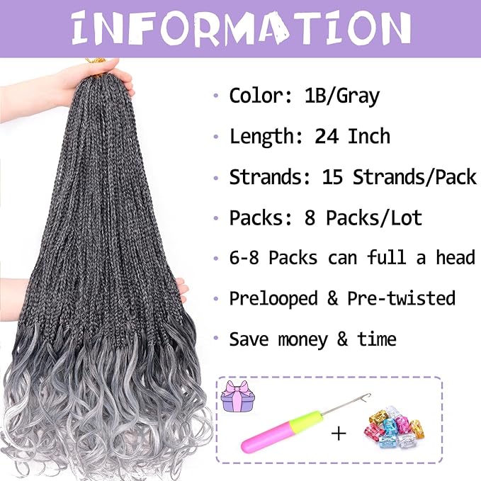 French Curl Crochet Braids 24 Inch 8 Packs Ombre Grey Goddess Box Braids Crotchet for Women Hair Pre Looped Crochet Box Braid with Curly Ends Synthetic French Curly Braiding Hair Extensions (1B/Gray)