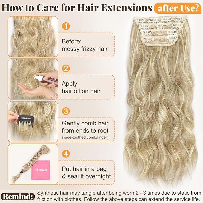 ALXNAN Clip in Long Wavy Synthetic Hair Extension 24 Inch Beach Blonde 4PCS Thick Hairpieces Fiber Double Weft Hair for Women