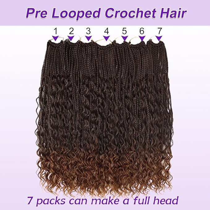 Eacia Goddess Box Braids Crochet Hair 24 Inch 7 Packs Pre Looped Boho Braids Crochet Hair Extensions with Curly Ends(24 Inch, T1B/30#)
