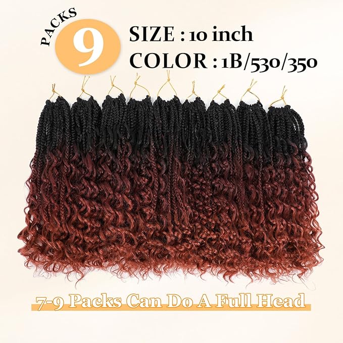 Goddess Box Braids Crochet Hair 10 Inch Boho Crochet Box-Braids With Curly Ends, 9 Packs Bohomian Box- Braid Crochet-Hair For Black Women Pre Looped Box Braiding (10Inch,1B/530/350)