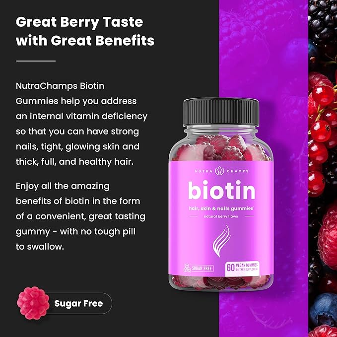 NutraChamps Sugar Free Biotin Gummies 10000mcg [High Potency] - Healthy Hair, Skin & Nails for Women, Men & Kids - 5000mcg in Each Gummy - Vegan Hair Health Vitamins Supplement - Raspberry (2-Pack)