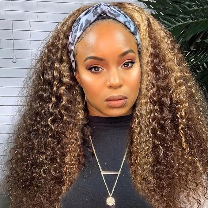 XSY Headband Wig Human Hair Kinky Curly Wigs for Black Women Highlight Ombre None Lace Front Wigs Machine Made Headband Half Wigs 22 Inch