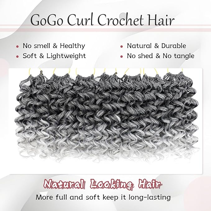 7 Packs Gogo Curl Grey Crochet Hair for Women 10 Inch Pre-Twisted Curly Crochet Hair Pre Looped Deep Ocean Water Wave Beach Curl Crochet Braids Synthetic Braiding Hair Extensions (10 Inch, 1B/Gray)