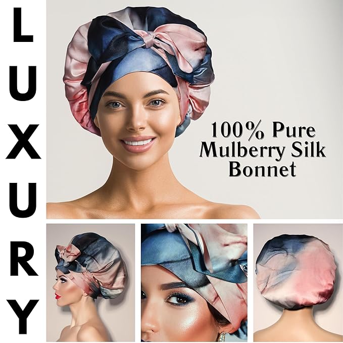 100% Mulberry Silk Bonnet with Ties – Adjustable 19 Momme Double-Layer Reversible Hair Wrap – Stay-On Sleep Cap for Women, Curly Hair, Natural Hair Care – Handmade in USA (Blue & Blush)