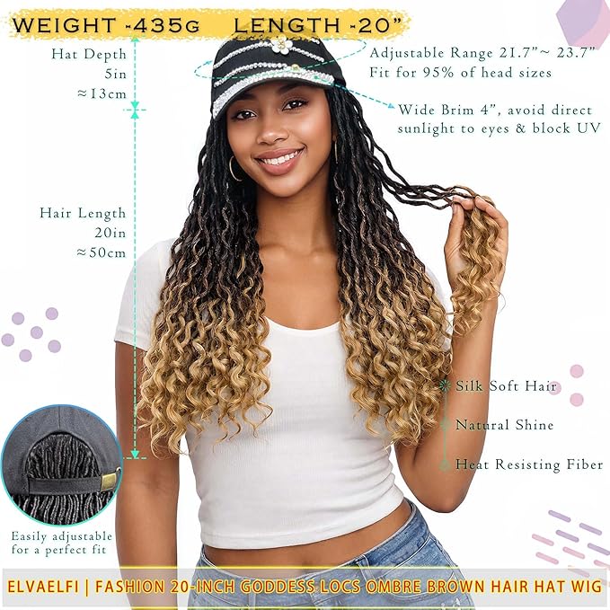 Hat Wig 20-Inch Goddess Locs Crochet Hair Curly Ends, Ombre Brown Synthetic Soft Faux Locs Wigs for Women