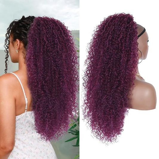 27 Inch Drawstring Ponytail Extension for Black Women Deep Curly Ponytail Extension Synthetic Mixed with Human Hair Hairpieces Afro Kinky Curly Pony Tail for Daily Use (Rose Purple)