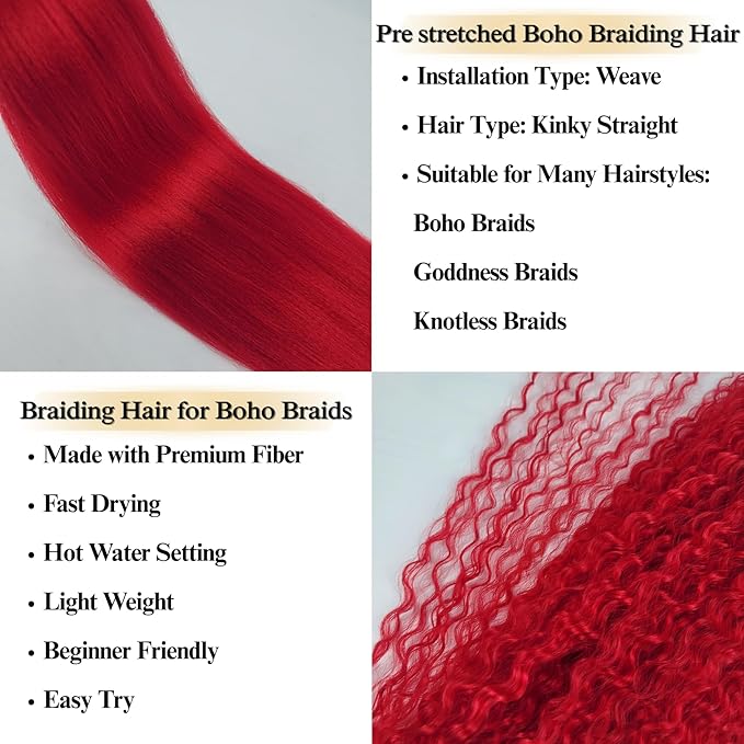Red Pre Stretched Braiding Hair for Boho Braids Curly Hypoallergenic Braiding Hair Hot Water Setting Yaki for Bohemian Braids
