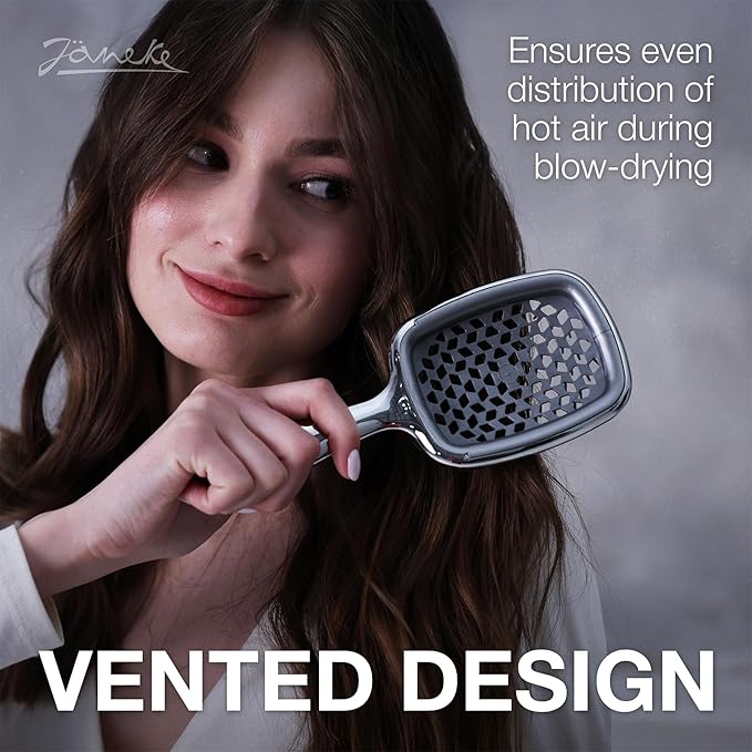 Janeke Superbrush Detangling Brush for Soft Smoothing Hair Brushing with Anti-Static Bristles - Vented Wet Hair Brush for Blow Drying Use - Perfect for Curly, Thick, Wavy, Fine Hair Types (Silver)