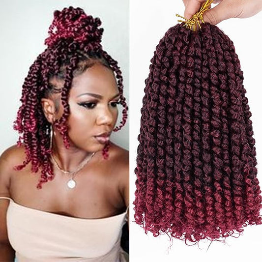 ZRQ Short 8 Packs Pre-twisted Bob Passion Twist Crochet Hair with Curly Ends 10 Inch Pre looped Ombre Burgundy Passion Twists Hair 12 Roots/Pack Synthetic Crochet Braids Hair for Women TBUG#