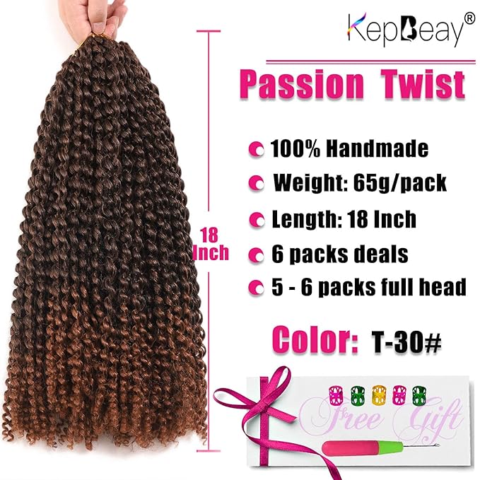 Passion Twist Hair 18 Inch 6Packs Water Wave Crochet Hair Passion Twist Crochet Hair Black Mixed Brown Color Synthetic Hair Extensions for Women (18Inch, 6Packs T30#)