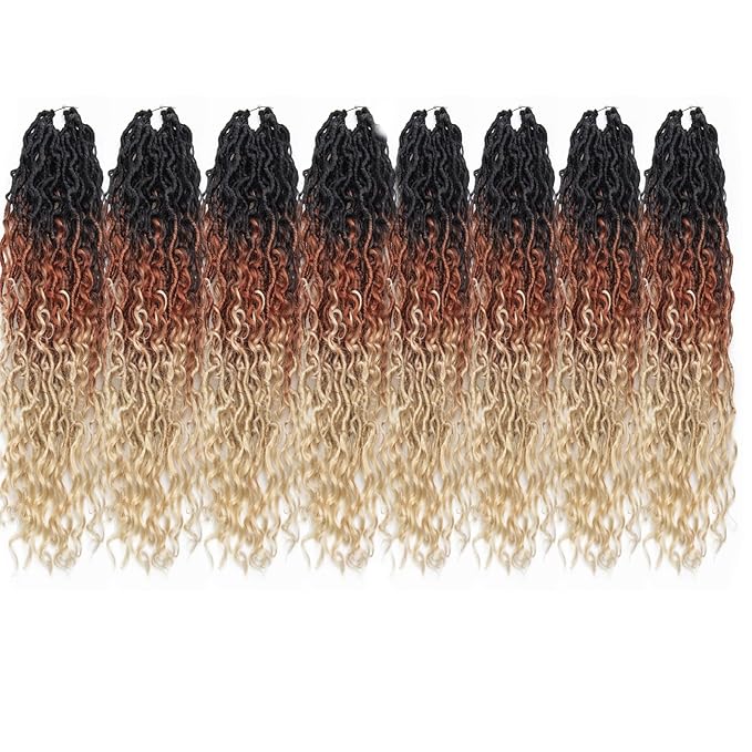 Goddess Locs Crochet Hair 18Inch 8Packs Crochet Locs,Boho Faux Loc With Curly Ends River Hippie Bohemian Loc Crochet Hair for Black Women(1B/30/613 18inch(Pack of 8))