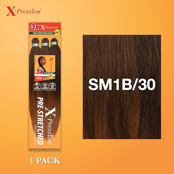 Sensationnel X-pression prestretched braiding hair - 3x braid 58 inch all kanekalon flame retardant synthetic braid for box braids and twists (1 pack, SM1B/30)