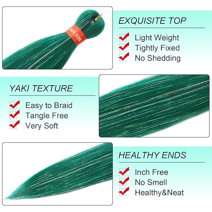 Sparkling Green Pre Stretched Braiding Hair 30 Inch Glitter Box Braid Hair Extensions Shinny 3 Packs Yaki Texture Pre Feathered Festival Braids Hair