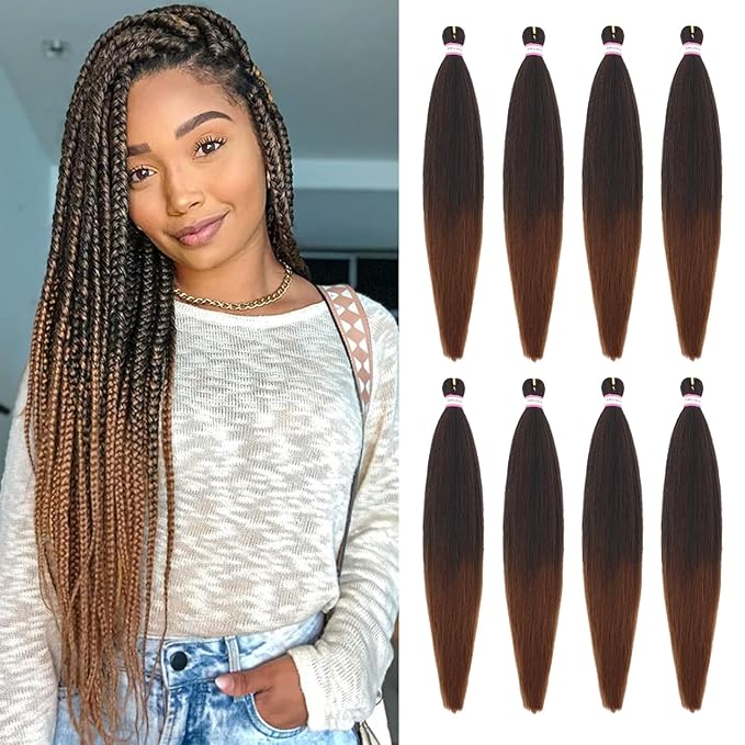 Pre Stretched Braiding Hair Extension Ombre Natural Black Brown Color 28 Inch Long Pre-stretched Hair for Braiding Twist Braids Itch Free Hot Water Setting Yaki Straight Synthetic Hair (#1B/30)