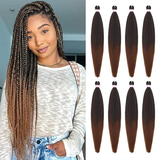 Pre Stretched Braiding Hair Extension Ombre Natural Black Brown Color 28 Inch Long Pre-stretched Hair for Braiding Twist Braids Itch Free Hot Water Setting Yaki Straight Synthetic Hair (#1B/30)