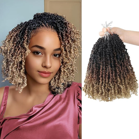 Yanky Twist Crochet Hair Yaki Pre-looped Twist Brown Spring Mini Crochet Hair 8 Inch 9 Packs Passion Twist With Curls Synthetic Braiding Hair Extensions (T1B/30/27)