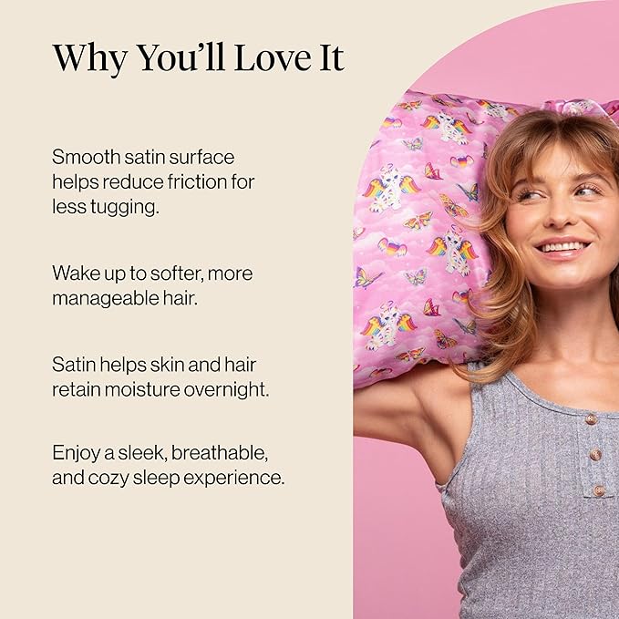 Kitsch x Lisa Frank Satin Pillowcase with Zipper for Hair & Skin, Softer Than Silk Pillow Cases, Wrinkle-Free, Smooth and Cooling Satin Pillow Covers, King Size (19x36) - Angel Kitty