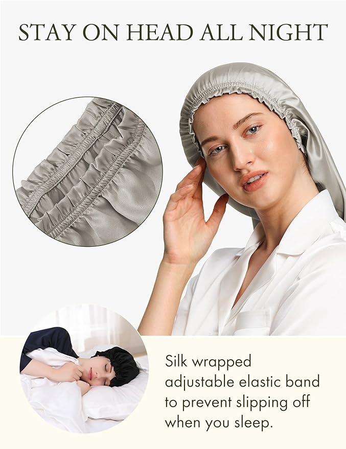 LilySilk Pure Mulberry Silk Long Bonnet for Sleeping - 19MM Silk Hair Cap for Long Curly Hair - Women's Sleep Cap with Elastic Band, Silvergray