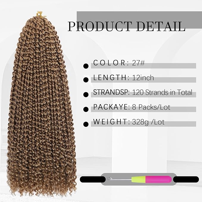 Passion Twist Hair 12 Inch 8 Packs Water Wave Crochet Hair Bohemian Braiding Hair Pre Looped Crochet Braids Hair Extensions for Black Women （27#）