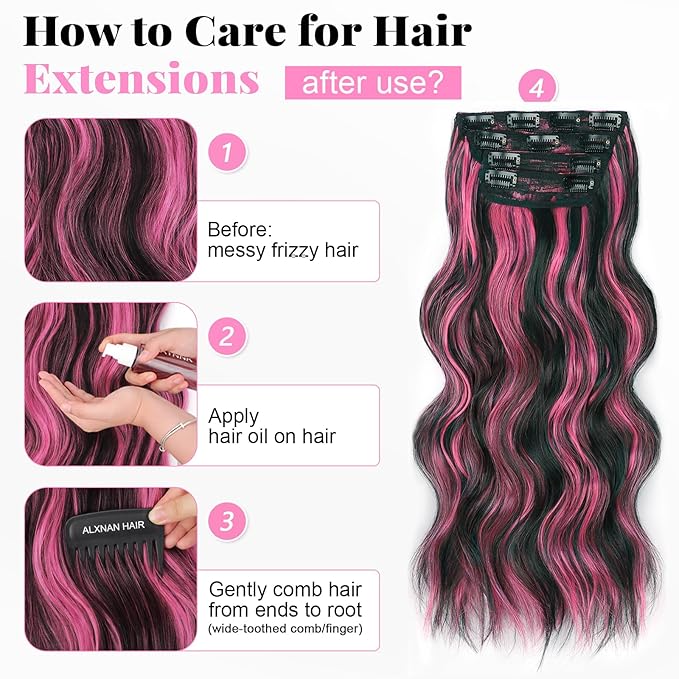 ALXNAN Clip in Long Wavy Synthetic Hair Extension 24 Inch Black Mix Rose Pink Highlights 4PCS Thick Hairpieces Fiber Double Weft Hair for Women